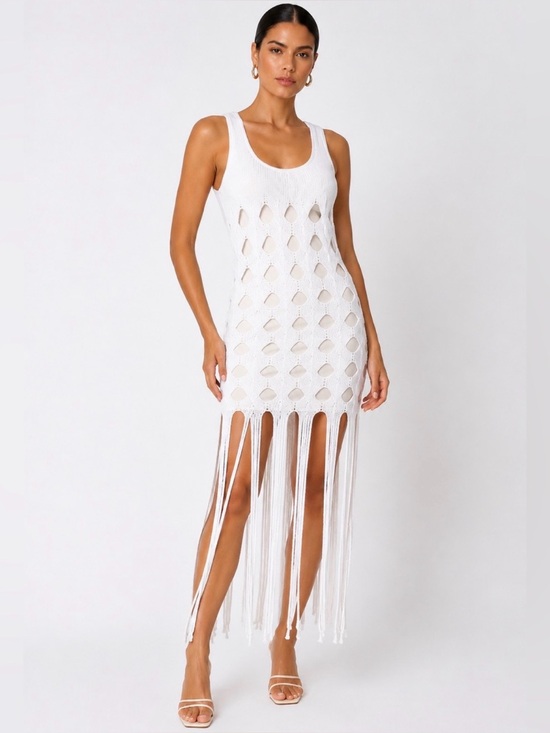 Aknvas Dresses & Skirts - ANKVAS Aubri White heavy Crochet Fringe Tank Dress size small